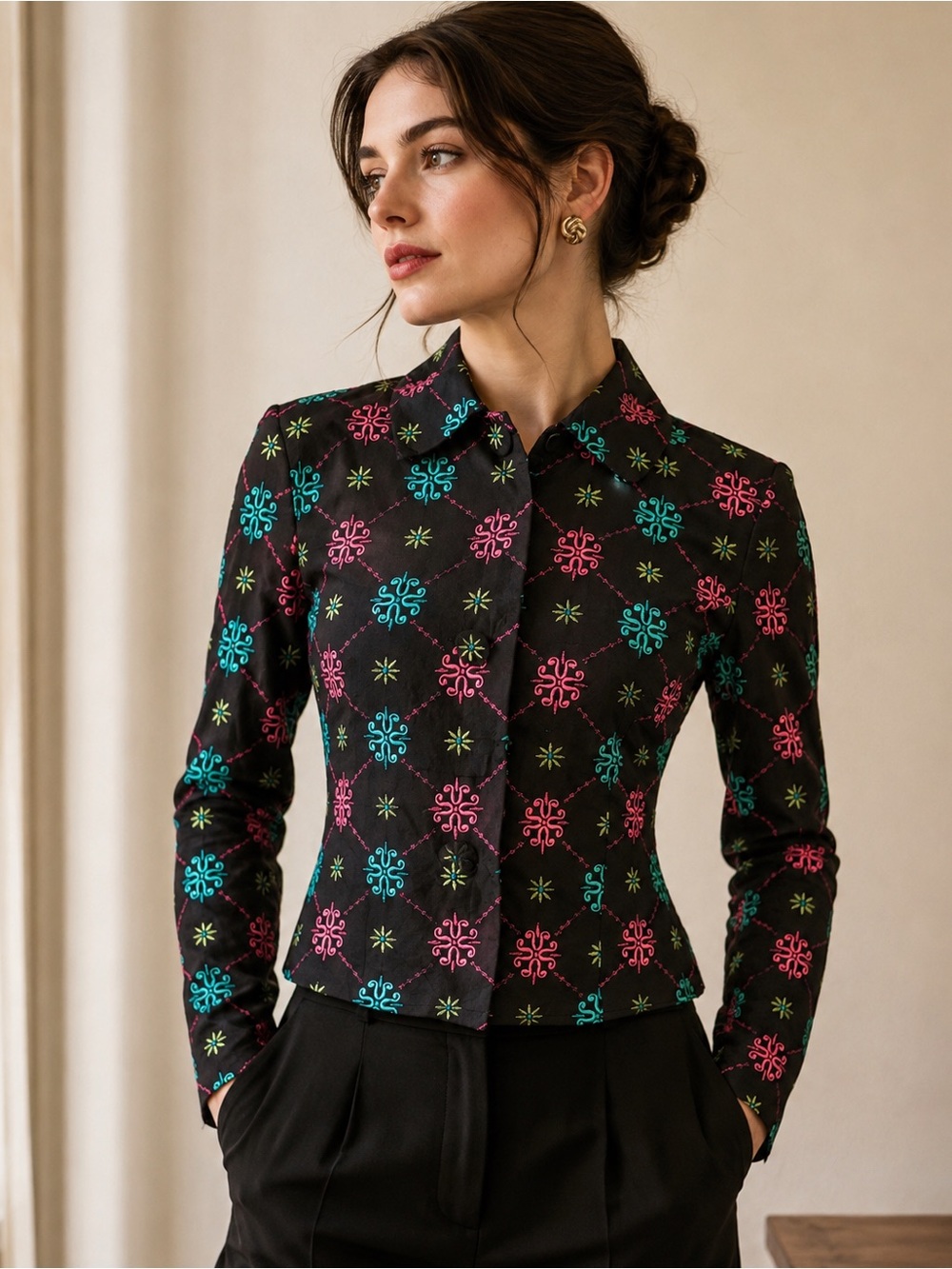 Vintage Junction West Black Embroidered Silk Jacket Blouse 80s 90s Art to Wear